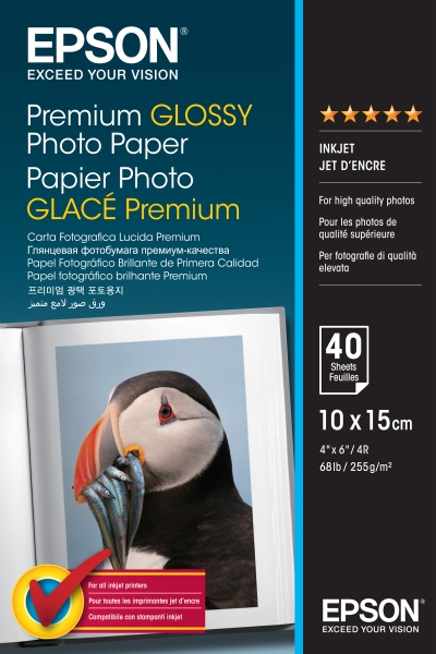 Epson Premium Glossy Photo Confezione da 40 fogli di carta fotografica - 10x15 cm - Grammatura 255 g/m² - Finitura lucida - Compatibile con stampanti a getto d'inchiostro - Colore bianco