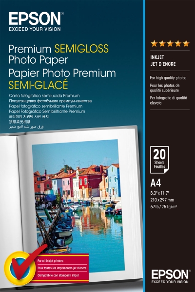 Epson Premium Semiglossy Photo Pack da 20 fogli di carta fotografica - A4 - Grammatura 251 g/m² - Finitura semilucida - Compatibile con stampanti a getto d'inchiostro - Colore bianco