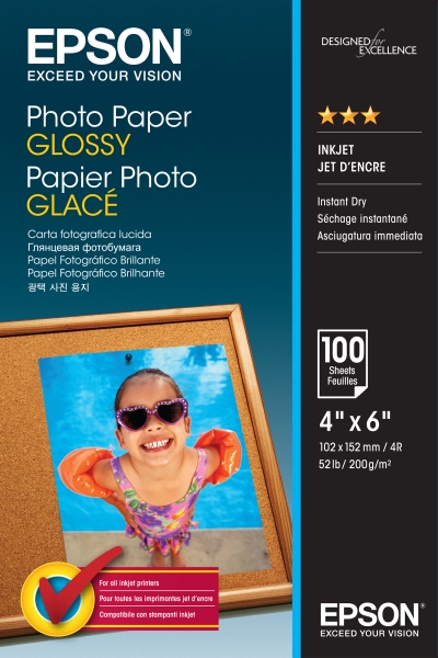 Epson Photo Glossy Confezione da 100 fogli di carta fotografica - 10x15 cm - Grammatura 200 g/m² - Finitura lucida - Compatibile con stampanti a getto d'inchiostro - Colore bianco