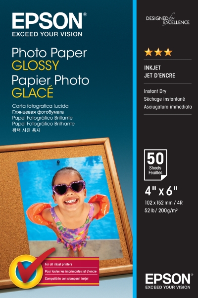 Epson Photo Glossy Confezione da 50 fogli di carta fotografica - 10x15 cm - Grammatura 200 g/m² - Finitura lucida - Compatibile con stampanti a getto d'inchiostro - Colore bianco