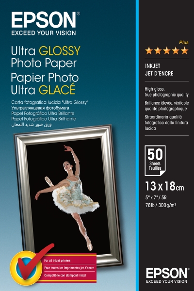 Epson Ultra Glossy Photo Confezione da 50 fogli di carta fotografica - 13x18 cm - Grammatura 300 g/m² - Finitura lucida - Compatibile con stampanti a getto d'inchiostro - Colore bianco
