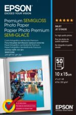 Epson Premium Semiglossy Photo Pack da 50 fogli di carta fotografica - 10x15 cm - Grammatura 251 g/m² - Finitura semilucida - Compatibile con stampanti a getto d'inchiostro - Colore bianco