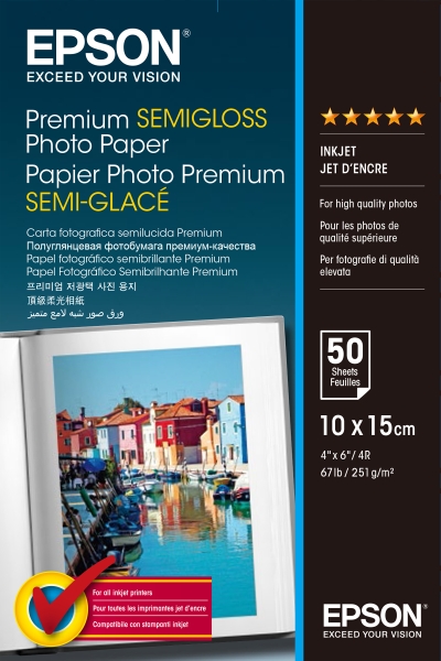 Epson Premium Semiglossy Photo Pack da 50 fogli di carta fotografica - 10x15 cm - Grammatura 251 g/m² - Finitura semilucida - Compatibile con stampanti a getto d'inchiostro - Colore bianco