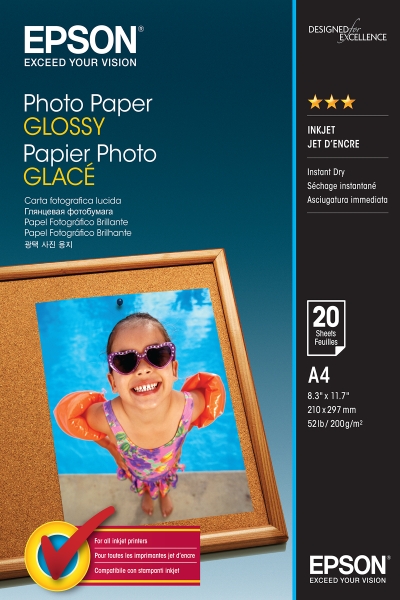 Epson Photo Glossy Confezione da 20 fogli di carta fotografica - A4 - Grammatura 200 g/m² - Finitura lucida - Compatibile con stampanti a getto d'inchiostro - Colore bianco