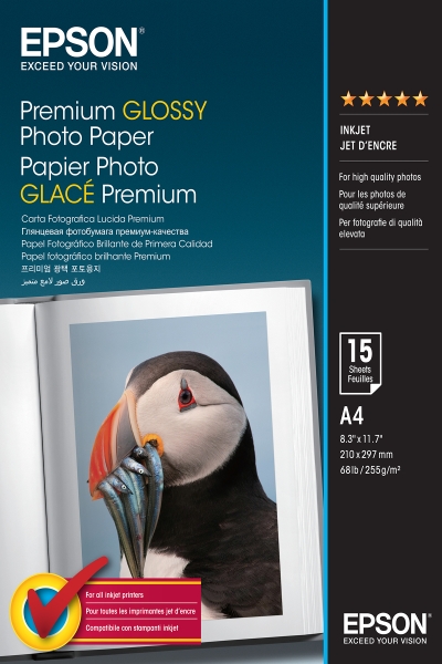 Epson Premium Glossy Photo Confezione da 15 fogli di carta fotografica - A4 - Grammatura 255 g/m² - Finitura lucida - Compatibile con stampanti a getto d'inchiostro - Colore bianco