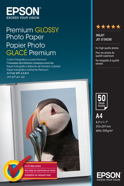 Confezione da 50 fogli di carta fotografica Epson Premium Glossy - Formato A4 - Grammatura 255 g/m² - Finitura lucida - Compatibile con stampanti a getto d'inchiostro - Colore bianco