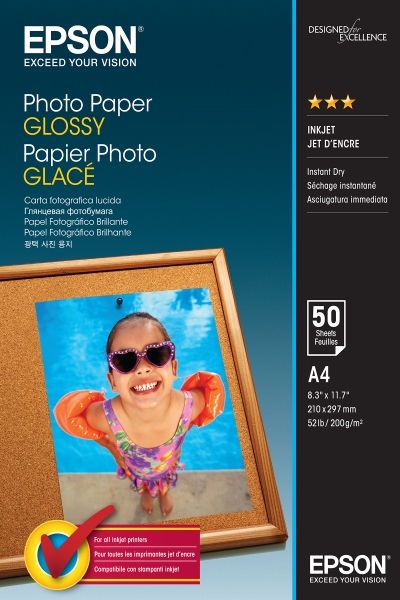 Epson Photo Glossy Confezione da 50 fogli di carta fotografica - A4 - Grammatura 200 g/m² - Finitura lucida - Compatibile con stampanti a getto d'inchiostro - Colore bianco