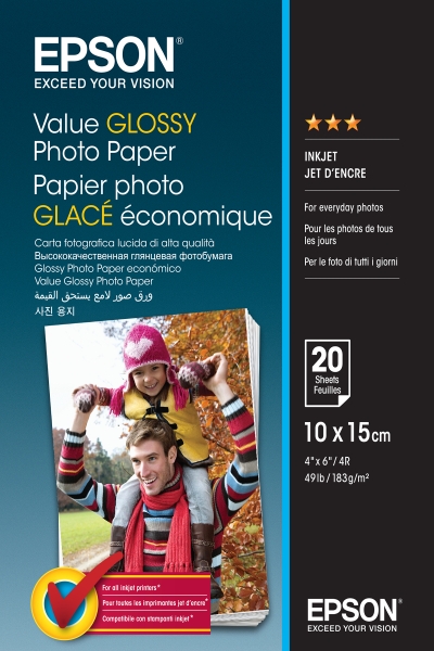 Epson Value Glossy Photo Pack da 20 fogli di carta fotografica - 10x15 cm - Grammatura 183 g/m² - Finitura lucida - Compatibile con stampanti a getto d'inchiostro - Colore bianco