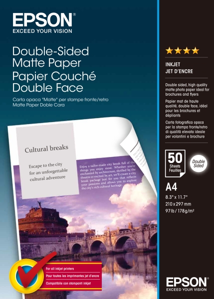 Epson Double-Sided Matte Confezione da 50 fogli di carta - A4 - Grammatura 178 g/m² - Opaca - Speciale per la stampa fronte-retro - Compatibile con stampanti a getto d'inchiostro - Colore bianco