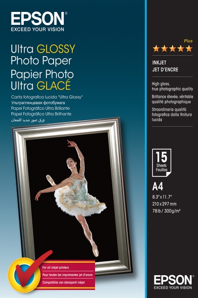 Epson Ultra Glossy Photo Pack da 15 fogli di carta fotografica - A4 - Grammatura 300 g/m² - Finitura lucida - Compatibile con stampanti a getto d'inchiostro - Colore bianco