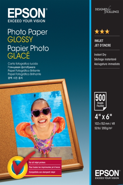 Epson Photo Glossy Confezione da 500 fogli di carta fotografica - 10x15 cm - Grammatura 200 g/m² - Finitura lucida - Compatibile con stampanti a getto d'inchiostro - Colore bianco