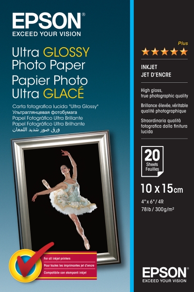 Epson Ultra Glossy Photo Pack da 20 fogli di carta fotografica - 10x15 cm - Grammatura 300 g/m² - Finitura lucida - Compatibile con stampanti a getto d'inchiostro - Colore bianco