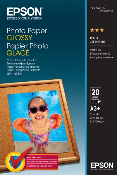 Epson Photo Glossy Confezione da 20 fogli di carta fotografica - A3+ - Grammatura 200 g/m² - Finitura lucida - Compatibile con stampanti a getto d'inchiostro - Colore bianco