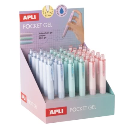 Espositore Apli Pocket Gel con 36 mini penne a gel retrattili - Inchiostro blu - Corpo in diversi colori pastello