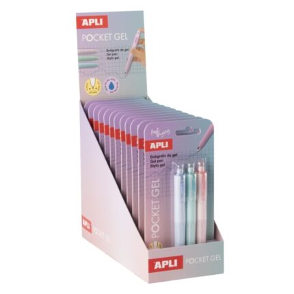 Espositore Apli Pocket Gel con 12 blister da 3 mini penne a inchiostro gel retrattili - Inchiostro blu - Corpo in diversi colori pastello
