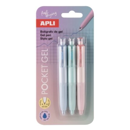 Apli Pocket Gel Blister da 3 mini penne a inchiostro gel retrattili - Inchiostro blu - Corpo in diversi colori pastello