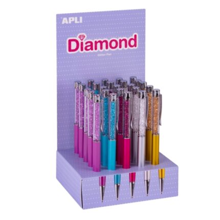Espositore Apli Diamond con 25 penne a sfera metalliche a scatto - Meccanismo a rotazione - Punta da 1 mm - Inchiostro blu - Colori assortiti