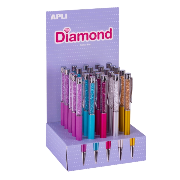 Espositore Apli Diamond con 25 penne a sfera metalliche a scatto - Meccanismo a rotazione - Punta da 1 mm - Inchiostro blu - Colori assortiti