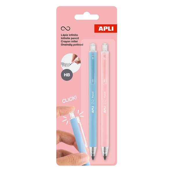 Apli Infinite Pencil Pack con 2 matite infinite retrattili HB - Colori rosa e blu