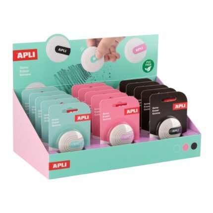 Espositore Apli con 15 gomme da cancellare - Forma rotonda - Senza PVC - Colore bianco con dettagli in verde