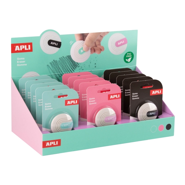 Espositore Apli con 15 gomme da cancellare - Forma rotonda - Senza PVC - Colore bianco con dettagli in verde