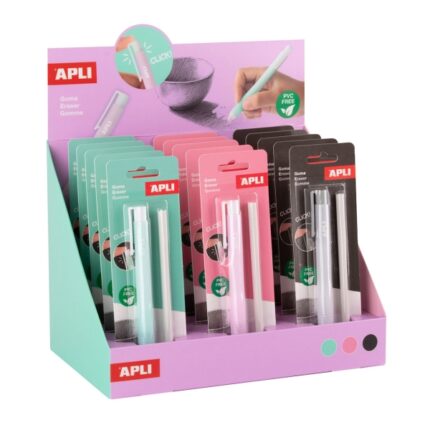 Espositore Apli con 15 confezioni di portagomma con gomma + ricambio - Senza PVC - 3 colori assortiti