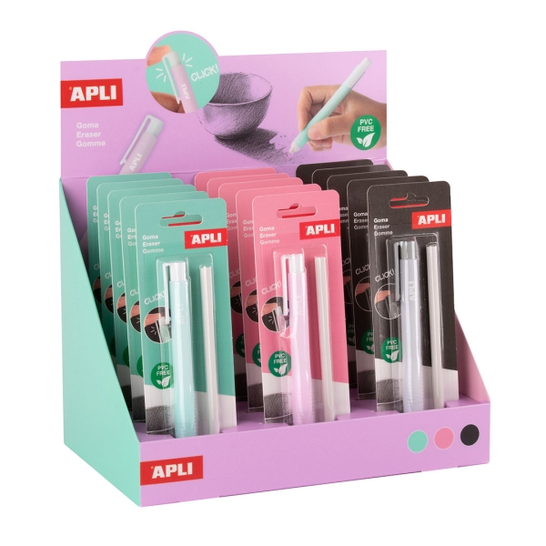 Espositore Apli con 15 confezioni di portagomma con gomma + ricambio - Senza PVC - 3 colori assortiti