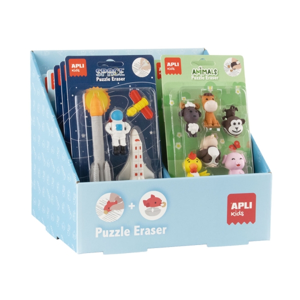 Espositore Apli con 12 confezioni di gomme da cancellare a puzzle - Divertenti gomme da cancellare - Si possono montare e smontare per giocarci - 4 temi diversi