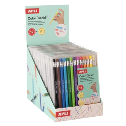 Espositore Apli Color Clik con 12 confezioni da 12 portamine con mine colorate da 2