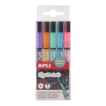 Apli Confezione da 5 pennarelli a gesso liquido - Punta tonda da 3 mm - Asciugatura rapida - Colori assortiti