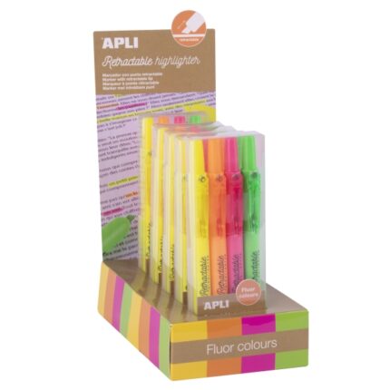 Espositore Apli Highlighter Retractil con 5 confezioni da 4 evidenziatori a scatto - Punta smussata da 4 mm - Colori fluo assortiti