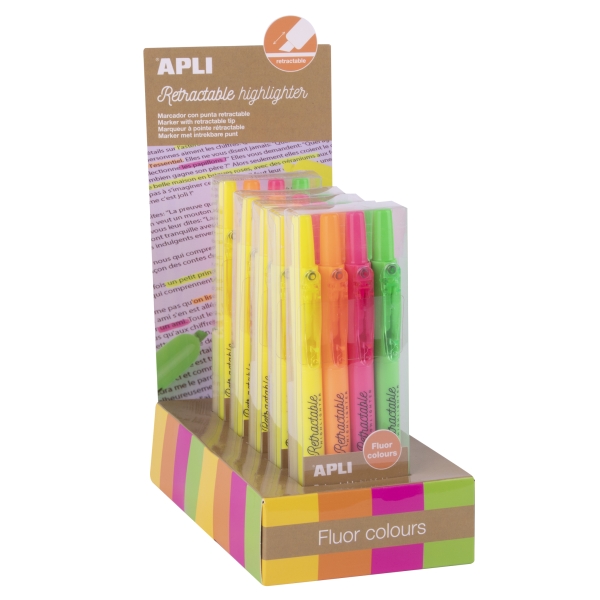Espositore Apli Highlighter Retractil con 5 confezioni da 4 evidenziatori a scatto - Punta smussata da 4 mm - Colori fluo assortiti