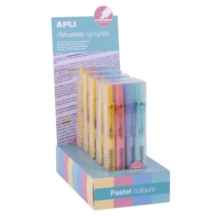 Apli Highlighter Retractil Espositore con 5 confezioni da 4 evidenziatori retrattili - Punta smussata da 4 mm - Colori pastello assortiti