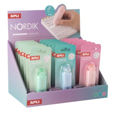 Apli Nordik Espositore da 18 nastri correttori da 5 mm x 6 m - Applicazione pulita e precisa - Copertura rapida - Corpo in colori pastello