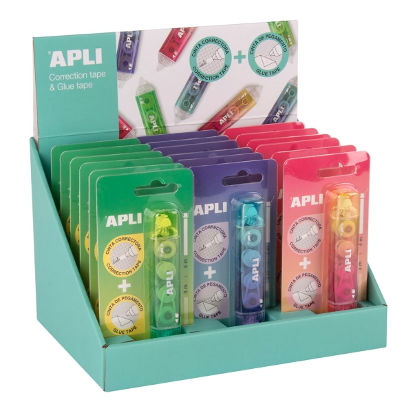 Apli Correct & Glue Espositore da 18 correttori + adesivo 2 in 1 - Applicazione pulita e precisa - Copertura rapida - Corpo in colori assortiti
