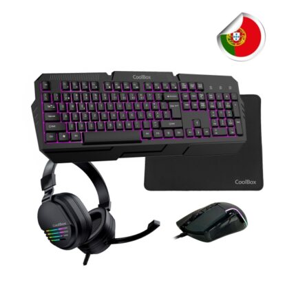 Coolbox Pack Gaming XWING 2 4 in 1 (portoghese) - Tastiera RGB - Mouse da 7200 DPI - Cuffie RGB USB - Tappetino antiscivolo - Colore: nero
