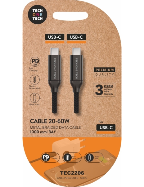 TechOneTech Cavo USB-C maschio - USB-C maschio da 1 m - Rivestito in nylon intrecciato nero TechOneTech Cavo USB-C maschio - USB-C maschio da 1 m - Rivestito in nylon intrecciato nero