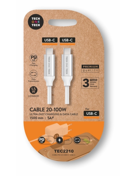 TechOneTech Cavo USB-C maschio - USB-C maschio da 1 m - Rivestito in nylon intrecciato bianco TechOneTech Cavo USB-C maschio - USB-C maschio da 1 m - Rivestito in nylon intrecciato bianco