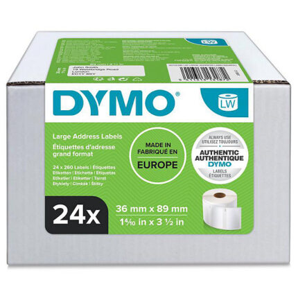 Dymo LabelWriter 13187 Confezione multipla da 24 rotoli di etichette autoadesive originali - Consigliate per indirizzi  - Dimensioni 36x89 mm - 500 etichette per rotolo - Colore: bianco - S0722390