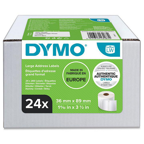 Dymo LabelWriter 13187 Confezione multipla da 24 rotoli di etichette autoadesive originali - Consigliate per indirizzi  - Dimensioni 36x89 mm - 500 etichette per rotolo - Colore: bianco - S0722390