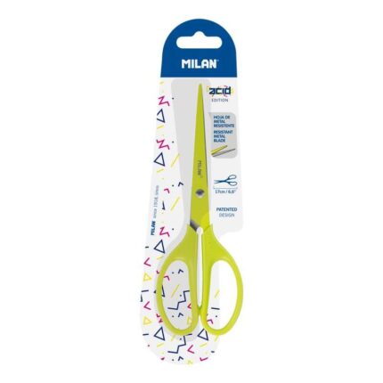Milan Tijeras Oficina Acid con Cuchilla de Acero Inoxidable - Mango de Plastico Simetrico - Longitud 17cm - Color Amarillo