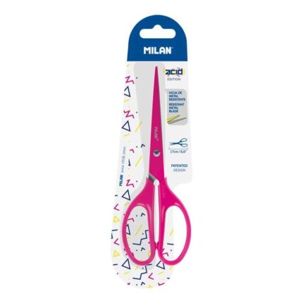Milan Tijeras Oficina Acid con Cuchilla de Acero Inoxidable - Mango de Plastico Simetrico - Longitud 17cm - Color Rosa