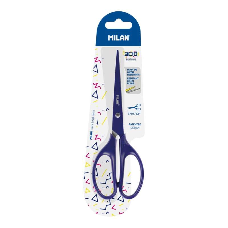 Milan Tijeras Oficina Acid con Cuchilla de Acero Inoxidable - Mango de Plastico Simetrico - Longitud 17cm - Color Azul