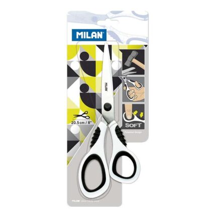 Milan Tijeras Oficina con Cuchilla de Acero Inoxidable - Mango de Plastico Blanco Ergonomico - Longitud 20