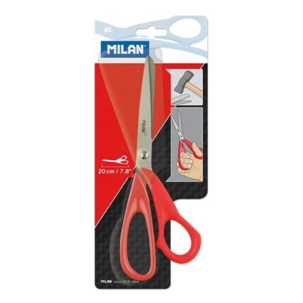 Milan Tijeras Oficina con Cuchilla de Acero Inoxidable - Mango de Plastico Rojo - Longitud 20cm - Color Rojo