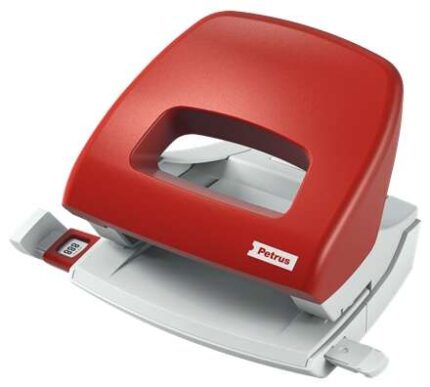 Petrus 80 Taladro Perforador Pequeño - Hasta 16 Hojas - Marcas de Formato - Facil Vaciado - Punzones 5.5mm - Color Rojo