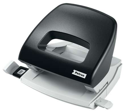 Petrus 80 Taladro Perforador Pequeño - Hasta 16 Hojas - Marcas de Formato - Facil Vaciado - Punzones 5.5mm - Color Negro
