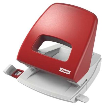 Petrus 85 Taladro Perforador - Hasta 25 Hojas - Marcas de Formato - Facil Vaciado - Punzones 5.5mm - Color Rojo