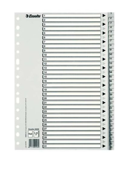 Esselte Bolsa de 25 Indices Numericos de Plastico - Pestañas 1 al 31 - Multitaladro - Formato Folio - Color Gris