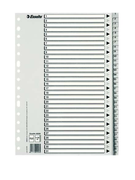 Esselte Bolsa de 25 Indices Numericos de Plastico - Pestañas 1 al 31 - Multitaladro - Formato Folio - Color Gris